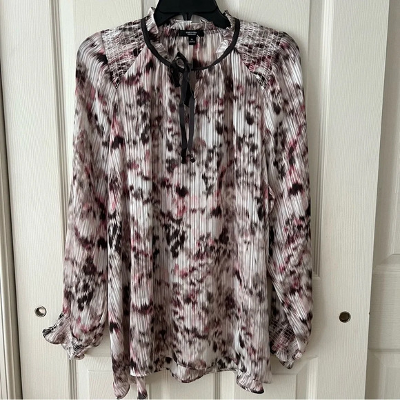 SIMPLYVERA Vera Wang Smocked Watercolor Chiffon Long Sleeves Tie Front Blouse XL - Picture 13 of 15